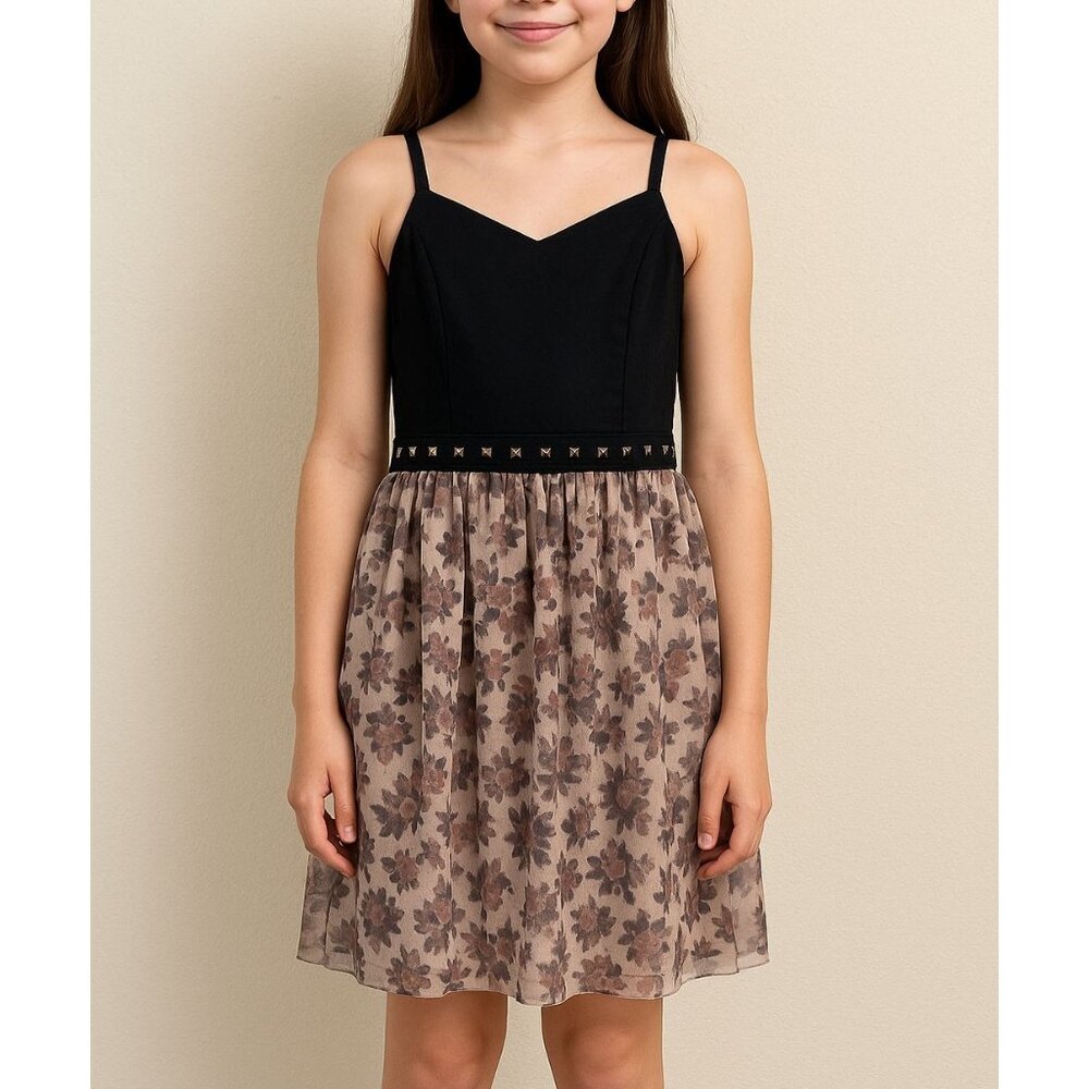 SALLY M Black Sleeveless Dress With Studded Waist & Floral Sheer Skirt